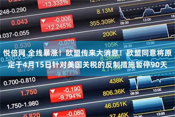 悦倍网 全线暴涨！欧盟传来大消息！欧盟同意将原定于4月15日针对美国关税的反制措施暂停90天