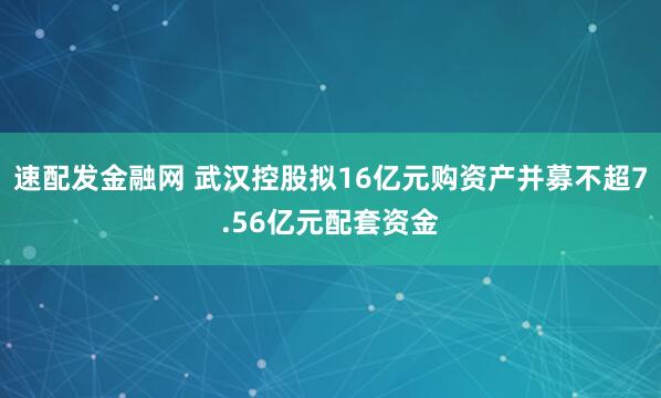 速配发金融网 武汉控股拟16亿元购资产并募不超7.56亿元配套资金